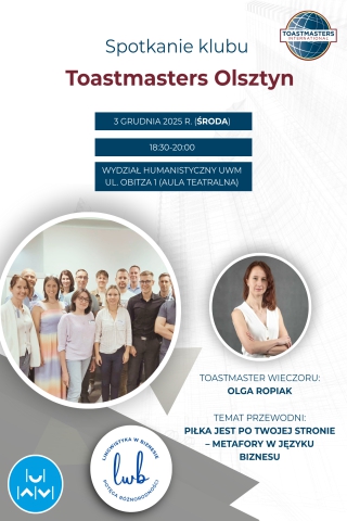 [3 grudnia 2025] Spotkanie klubu Toastmasters Olsztyn na UWM
